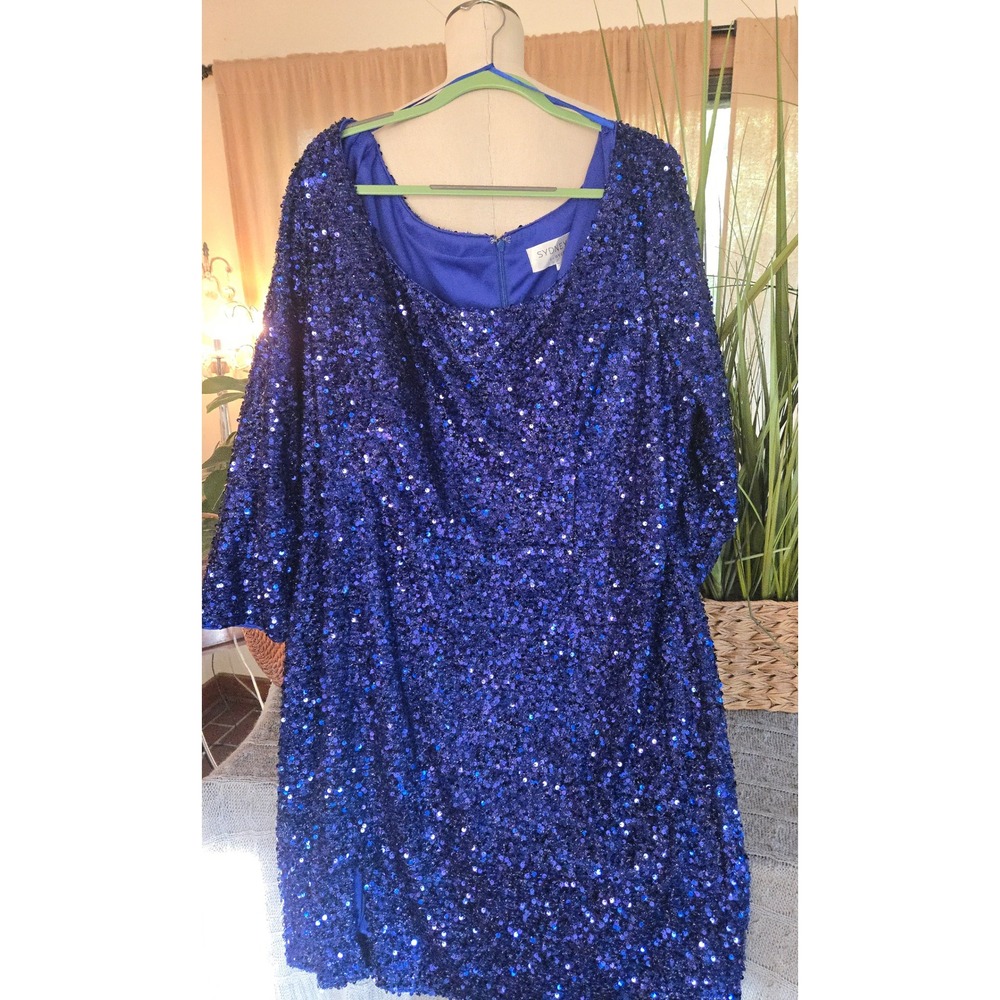 SYDNEYS CLOSET Royal Blue Sequin Plus Size Cocktail Dress 26 3/4 Sleeve Gala